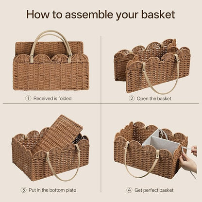Paper Rope Diaper Caddy, Scalloped Baskets with Removable Divider | Woven Floral Baby Diaper Organizer for Changing Table,Baby Shower Gifts,Portable Car Organizer for Diapers - Image 5