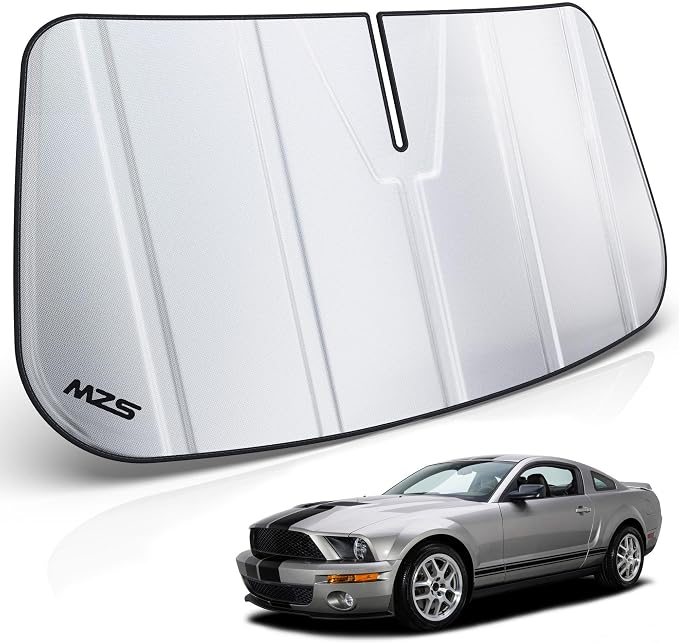 MZS Windshield Sun Shade Compatible with Mustang 2005-2009 | 6-Layer Heat Insulation, 99% UV Blocking, Keeps Interior Cool, Full Coverage Visor, Foldable Car Window Sunshade, Storage Bag by MZS