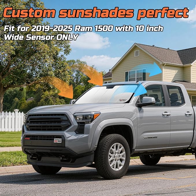 Windshield Sun Shade Compatible for 2019-2025 Ram 1500 10 inch Wide Sensor Silver Reflective Foldable Front Sun Visor Sunshade Protector with Storage Bag Keep Interior Cool - Image 2