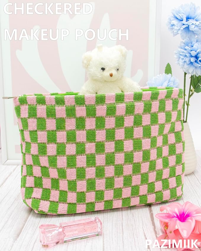 Checkered Makeup Bag for Purse, Small Flat Cosmetic Pouch,Pink Green | Cute Zipper Makeup Organizer for Women, Travel Essentials, Toiletries, Makeup Brushes, Beauty Accessories&Bridesmaid Gifts - Image 2
