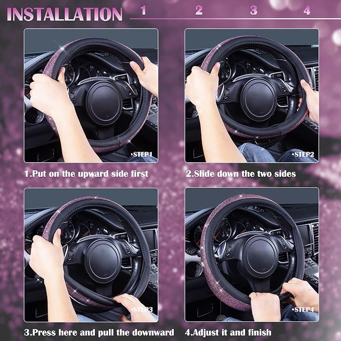 CAR PASS Bling Diamond Leather Steering Wheel Cover, Bling Sparkly Crystal Glitter Rhinestones Universal Fit 14" 1/2-15" Car Wheel Protect for Women Girl Fit Suvs,Vans,Sedans,Cars,Trucks, Pink Black - Image 7