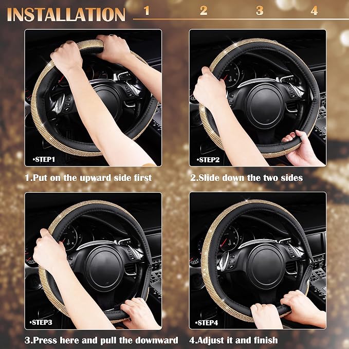 CAR Pass Rhinestones Diamond Bling Steering Wheel Cover, Universal Fit for SUV,Vans,Sedan,Car,Truck 14.5-15inch Universal Fit (Golden) Crystal Glitter for Women Sparkle Girly Sparkling Gold Shining - Image 5