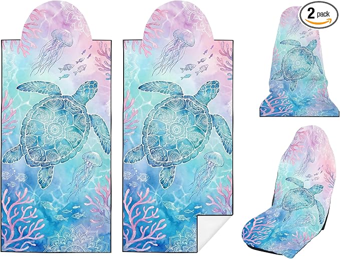 2 Pack Car Seat Towel Covers, Sweat-Proof Microfiber Seat Protectors for Gym, Running, Beach & Workout, Breathable Quick-Dry, Machine Washable, Coral Sea Turtle Print, Universal Fit by Semtomn