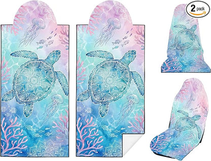 2 Pack Car Seat Towel Covers, Sweat-Proof Microfiber Seat Protectors for Gym, Running, Beach & Workout, Breathable Quick-Dry, Machine Washable, Coral Sea Turtle Print, Universal Fit by Semtomn