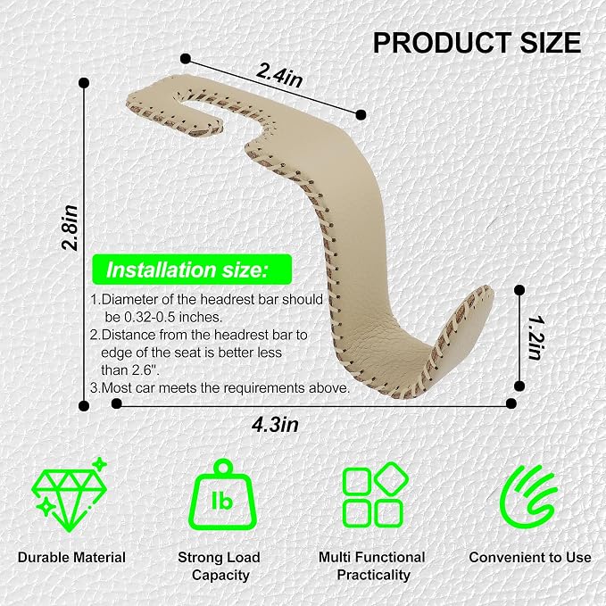 Car Seat Headrest Hook Heavy Duty 55lb Metal Hanger with Leather for Bags | Universal Vehicle Seat Back Organizer, Ergonomic Design, Hang Groceries Handbag Backpack Water Bottle, 4 Pack Beige - Image 6