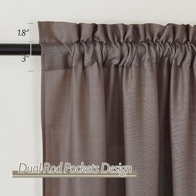 RYB HOME Linen Sheer Curtains 2 Panels for Living Room, Semi Transparent Privacy Drapes with Rod Pocket Farmhouse Style Window Treatments for Bedroom, Brown, 52" W x 90" L - Image 2