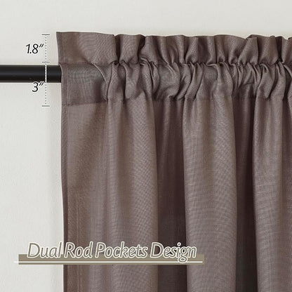 RYB HOME Linen Sheer Curtains 2 Panels for Living Room, Semi Transparent Privacy Drapes with Rod Pocket Farmhouse Style Window Treatments for Bedroom, Brown, 52" W x 90" L - Image 2