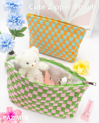 Checkered Makeup Bag for Purse, Small Flat Cosmetic Pouch,Pink Green | Cute Zipper Makeup Organizer for Women, Travel Essentials, Toiletries, Makeup Brushes, Beauty Accessories&Bridesmaid Gifts - Image 5