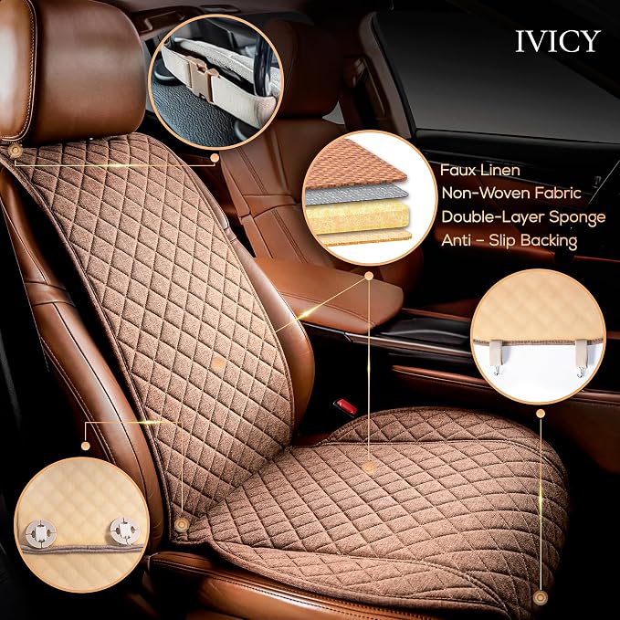 Faux Linen Front Car Seat Cover, Seat Protector, 1 Unit, Light Brown | Non-Slip Bucket Sear Cover for Most Cars, SUVs, Vans & Trucks – Machine Washable, Side-Airbag Friendly - Image 2