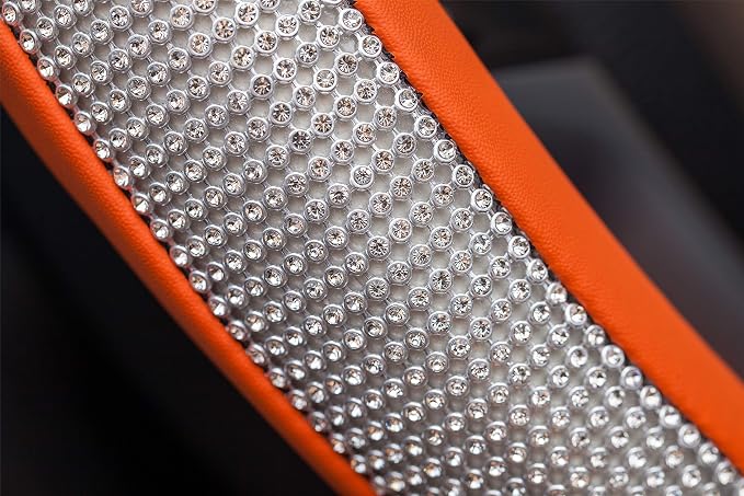 New Diamond Leather Steering Wheel Cover with Bling Crystal Rhinestones | Universal Fit 15 Inch Car Wheel Protector for Women Girls Orange - Image 8