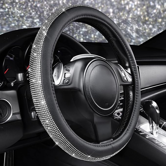 CAR PASS Diamond Black Leather Steering Wheel Cover, with Bling Crystal Rhinestones Universal Fit 14" 1/2-15" Crystal Glitter for Women Sparkle Girl Fit Suvs,Vans,Sedans,Cars,Trucks, White Diamond - Image 2
