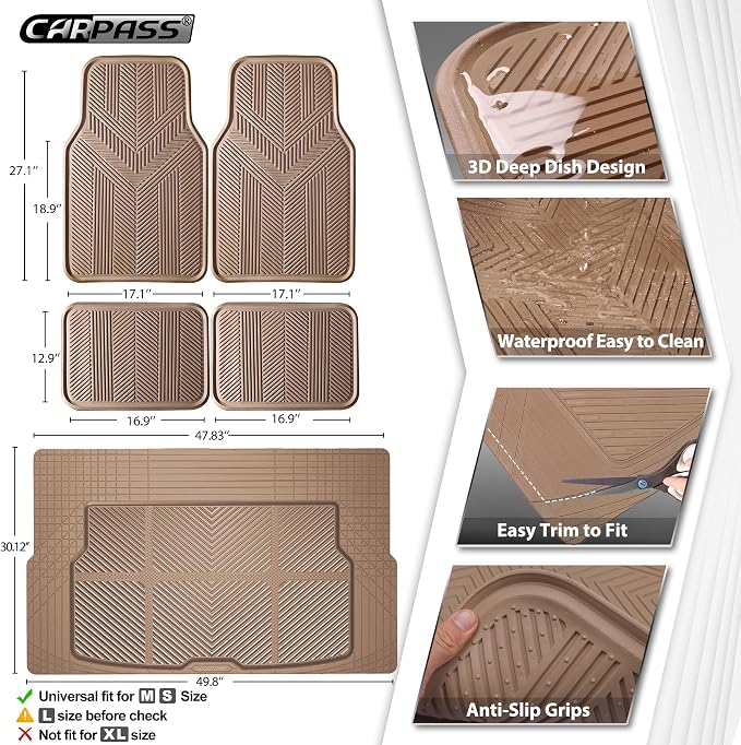 CAR PASS Universal Car Floor Mats & Cargo Liner Full Set, Waterproof Anti-Slip Rubber Trim to Fit Trunk Mats All Weather Protection Fit Car SUV Sedan Coupe Vehicle Automotive 5 Pieces, S-M Size Beige - Image 2