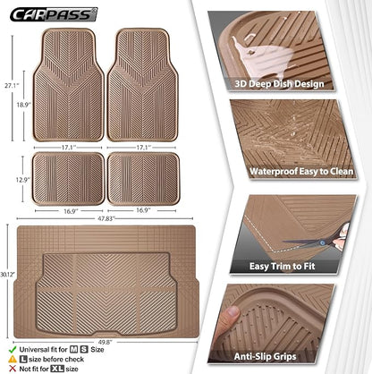 CAR PASS Universal Car Floor Mats & Cargo Liner Full Set, Waterproof Anti-Slip Rubber Trim to Fit Trunk Mats All Weather Protection Fit Car SUV Sedan Coupe Vehicle Automotive 5 Pieces, S-M Size Beige - Image 2
