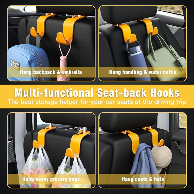 4-Pack Car Headrest Hooks Holds 55lbs Seat Storage Organizer for Bags | Durable ABS Material, 360° Rotating, Car Hanger for Backpack Umbrella Water Bottle Coat Purses Handbags Groceries, Yellow - Image 4