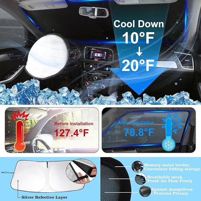 3PCS Car Window Shades Front Windshield Sun Shade Foldable Window Shade Custom Fit for Volkswagen Atlas VW Atlas Cross Sport 2018-2026 Shades Windows Anti-UV Rays Block Heat - Image 2