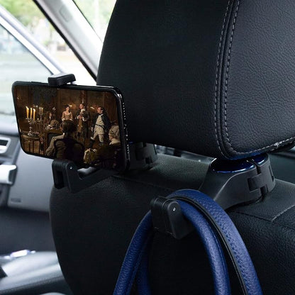 Amooca Car Seat Hooks for Purses and Bags with Phone Holder, Universal Car Headrest Storage Organizer Hanger Hook with Lock, 360° Rotation Headrest Hooks, 2 in 1 Car Headrest Hooks, 2 Pack, Blue - Image 2