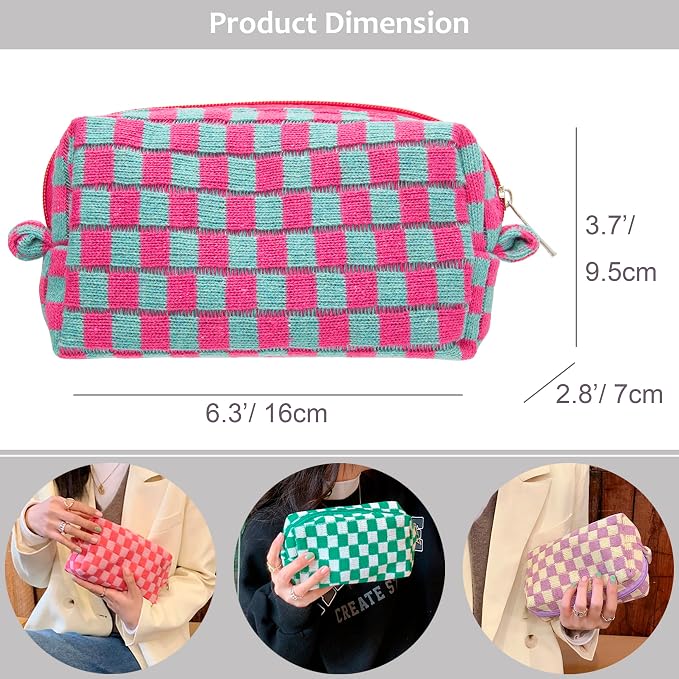 Checkered Makeup Bag for Purse, Small Cosmetic Pouch,Magenta Green,2 Pack | Cute Zipper Makeup Organizer for Women, Travel Essentials, Toiletries, Makeup Brushes, Beauty Accessories&Bridesmaid Gifts - Image 3
