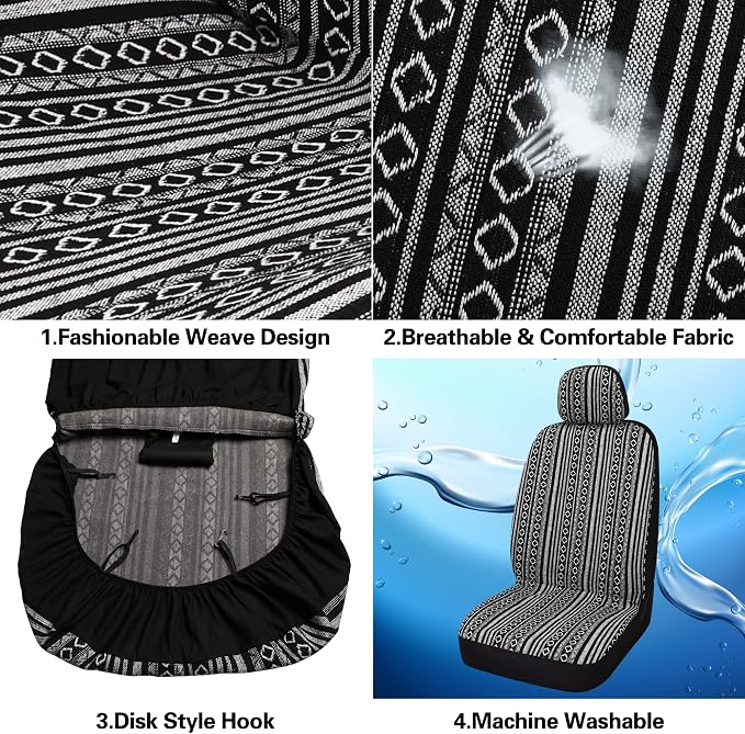 HAIYAOTIMES Baja Saddle Blanket Car Seat Covers Full Set with Seat Belt Pads, Washable Breathable Seat Covers for Cars, Universal Fit Interior Covers for Most Cars, Airbag Compatible, Black/White - Image 7