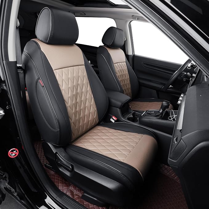 EKR Civic Seat Covers Custom Fit for Honda Civic (Sedan) EX 2022-2024 & Sport/Hybrid Sport 2025-2026(Rear Backrest Split W/Armrest) Car Seat Cover Full Set,Faux Leather (Black/Sand Beige) by EKR