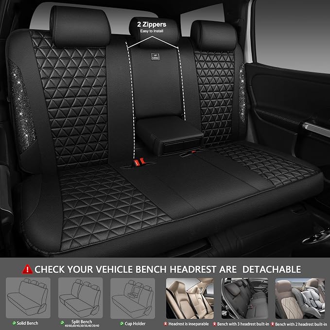 CAR PASS Bling Back Seat Cover, Waterproof Leather Bench Rear Seat Cover Shining Diamond Truck Glitter Crystal Sparkly Rhinestone Universal Fit Armrest Automotive Kid Women Girl, Black Diamond - Image 2
