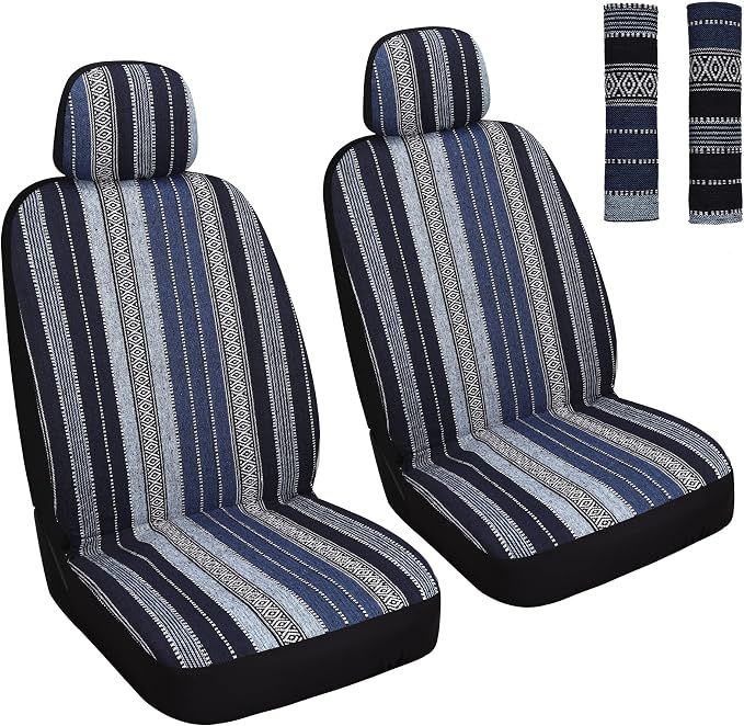 HAIYAOTIMES Baja Saddle Blanket Car Seat Covers Front Set with Seat Belt Pads, Washable Breathable Seat Covers for Cars, Universal Fit Interior Covers for Most Sedan Truck SUV, Airbag Compatible, Blue by HAIYAOTIMESAUTO