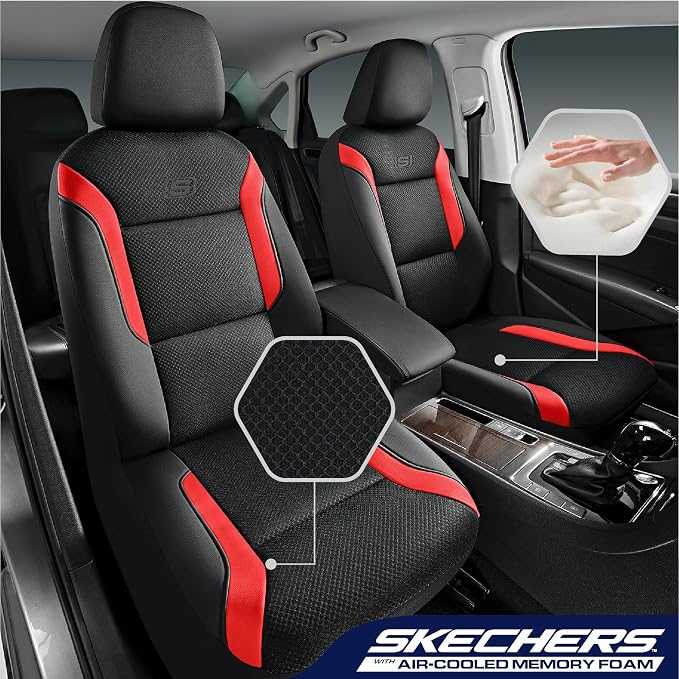 Skechers Memory Foam Car Seat Covers, Air Cool Mesh Thick Seat Covers, Car Seat Covers Front Seats Airbag Compatible, Automotive Comfort & Protection for Most Cars,Vans,Trucks, SUVs,Red - Image 2