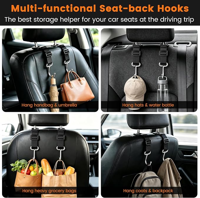 Amooca 4 Pack Car Headrest Hooks, Adjustable Heavy Duty Metal Back Seat Hanger, Auto Purse Bag Holder for Vehicle Headrest - Image 4
