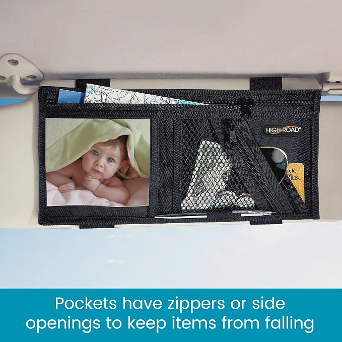 High Road Car Visor Organizer with Zippered Pockets, Sunglasses Sleeve and Clear Photo or Registration and Insurance Pocket - Heavy Duty Straps Fit Most Car, SUV and Truck Visors (Black) - Image 5