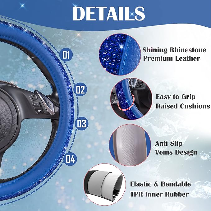 CAR PASS Bling Diamond Leather Steering Wheel Cover, with Bling Sparkly Crystal Glitter Rhinestones Universal Fit 14" 1/2-15" Car Wheel Protect for Women Girl Fit Suvs,Vans,Sedans,Cars,Trucks, Blue - Image 5
