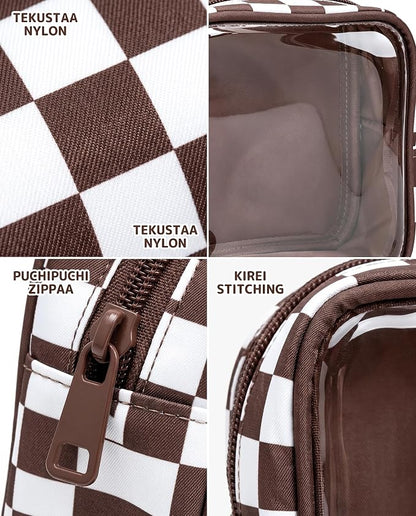 Clear Checkered Makeup Bag, Small Cosmetic Pouch with Zipper Mini Waterproof Makeup Purse Organizer Cute Cosmetic Bag Travel TSA Approved Toiletry Bag Car Organizer for Women Girls (Brown) - Image 6