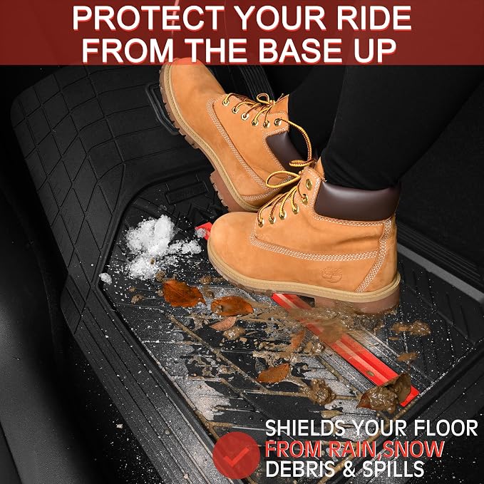 CAR PASS Rubber Floor Mats for Cars, Car Mats Full Sets DeepDish,Universal S~L Size Trim-to Fit Automotive Floor Mat for Truck Van SUV, Heavy Duty Waterproof All-Weather Floor liners Durable Black Red - Image 3