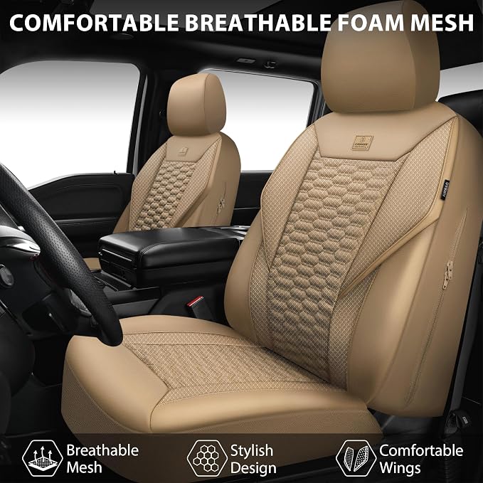 CAR PASS 3D Foam Mesh Leather Car Seat Covers Full Set, Tan Breathable Mesh Faux Leather Seat Covers for Car, Universal Fit for SUV Truck Sedan Automotive, Armrest Airbag Compatible, All Beige - Image 2