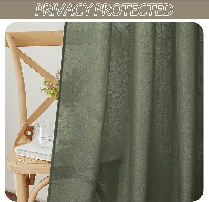 RYB HOME Linen Sheer Curtains 2 Panels for Living Room, Semi Transparent Privacy Drapes with Rod Pocket Farmhouse Style Window Treatments for Bedroom, Olive Green, 52" W x 90" L - Image 7
