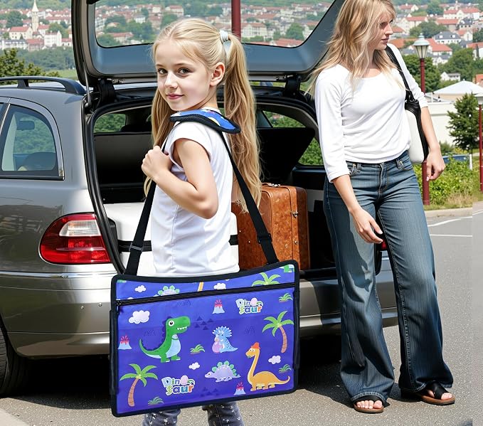 Kids Travel Tray for Toddler Car Seat, Road Trip Activities for Kid | Toddler Car Activities with iPad Holder Stand, Roadtrip Essentials with Dry Erase Board & Cooler Cup Holder,Blue Dinosaur - Image 9
