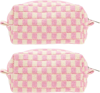Checkered Makeup Bag for Purse, Small Cosmetic Pouch,Pink Beige,2 Pack | Cute Zipper Makeup Organizer for Women, Travel Essentials, Toiletries, Makeup Brushes, Beauty Accessories&Bridesmaid Gifts by PAZIMIIK