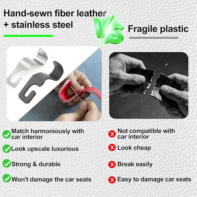 Car Seat Headrest Hook Heavy Duty 55lb Metal Hanger with Leather for Bags | Universal Vehicle Seat Back Organizer, Ergonomic Design, Hang Groceries Handbag Backpack Water Bottle, 4 Pack Gray - Image 3