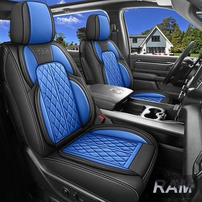 Car Seat Cover Custom Fit for Dodge Ram 1500 2500 3500 2009-2026 Faux Leather Seat Cover Set Compatible with Crew Quad Regular Cab Pickup Truck Cushions (Black & Blue, Full Set, Flat Rear) by DuDuWang