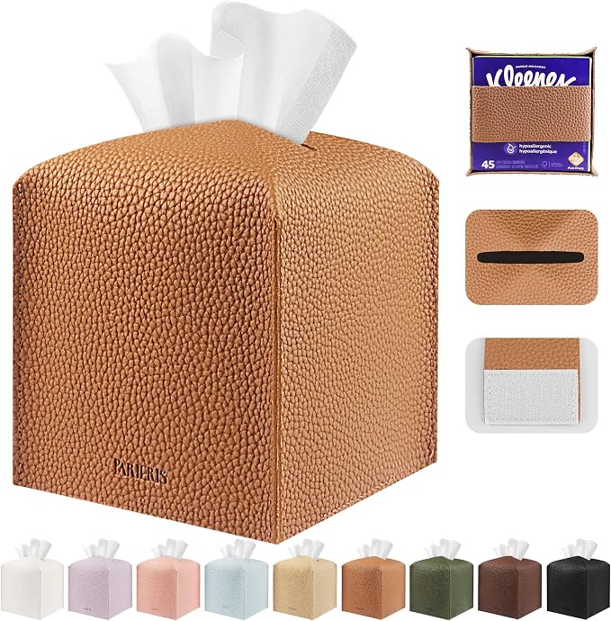 Tissue Box Cover Holder Square Tissue Cube Cover PU Leather Tissue Organizer with Bottom Belt for Bathroom, Tabletop, Car, Night Stands, Office, Home, Kitchen (1, Brown) by DecorateYourHome