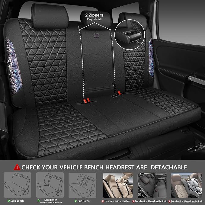 CAR PASS Bling Diamond Black Leather Car Seat Covers Full Set Interior Sets, Waterproof Shining Glitter Sparkly Crystal Armrest Fit Automotive Truck SUV Cute Women Girl, Bedazzed Iridescent Rhinestone - Image 4