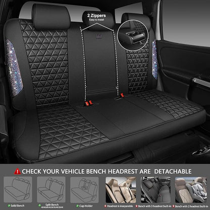 CAR PASS Bling Diamond Black Leather Car Seat Covers Full Set Interior Sets, Waterproof Shining Glitter Sparkly Crystal Armrest Fit Automotive Truck SUV Cute Women Girl, Bedazzed Iridescent Rhinestone - Image 4