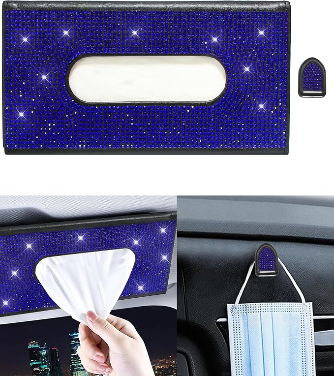 Bling Car Sun Visor Tissue Box Holder, PU Leather Car Napkin Holder, Blue | Car Tissue Holder, PU Leather, with Crystal Rhinestones, Backseat Napkin Case, auto interior Accessories, for Women by Xuduvay