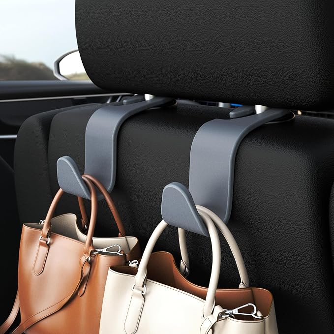 4-Pack Car Headrest Hooks Holds 55lbs Seat Storage Organizer for Bags | Durable ABS Material, 360° Rotating, Car Hanger for Backpack Umbrella Water Bottle Coat Purses Handbags Groceries, Grey - Image 2