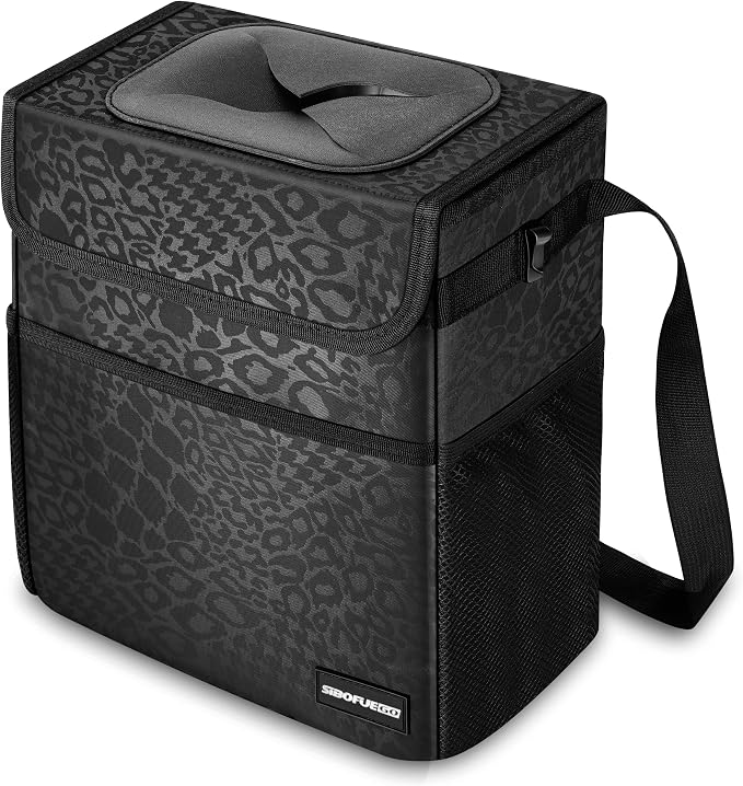 SIBOFUEGO Sturdy 3 Gallon Car Trash Can - Ultra Large Capacity, Leak Proof, Waterproof Car Organizer and Storage with Pockets and Adjustable Straps, Collapsible Interior Car Accessory (Black Leopard) by SIBOFUEGO