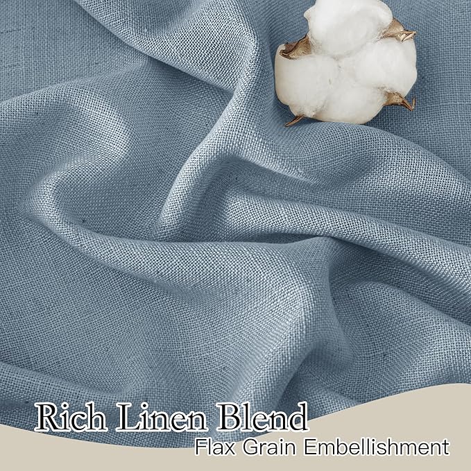 RYB HOME Flax Linen Blend Curtains for Closet Kitchen, Semi Translucent Privacy Protection Light Filtering Decorative Short Small Window Drapes for Bedroom, W 52 x L 36 inches, Dusty Blue, 2 Panels - Image 2