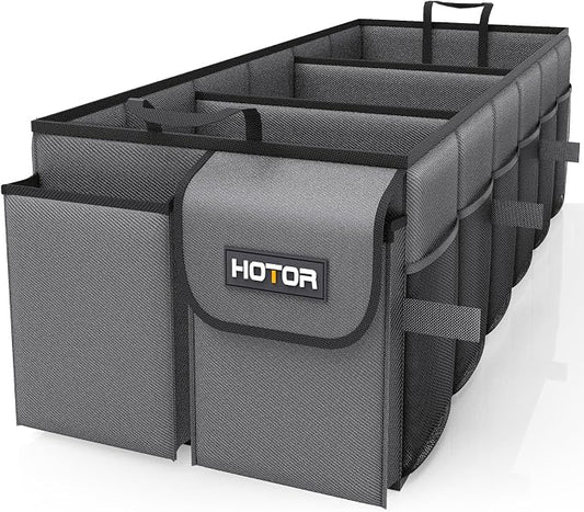 HOTOR Trunk Organizer - Foldable Car Organizer for SUVs & Sedans Storage | Sturdy Car Organization for Men & Women, Car Accessories, Tools, Sundries, Grey, 3 Compartments, 31.9" x 12.6" x 10.6" by HOTOR