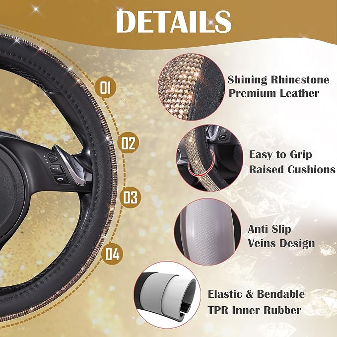 CAR PASS Bling Champagne Diamond Steering Wheel Cover, Black Leather Universal Fit 14.5-15inch Glitter Rhinestones for Women Sparkle Crystal Girly Shining for SUV,Vans,Sedan,Car,Truck, Black Champagne - Image 5