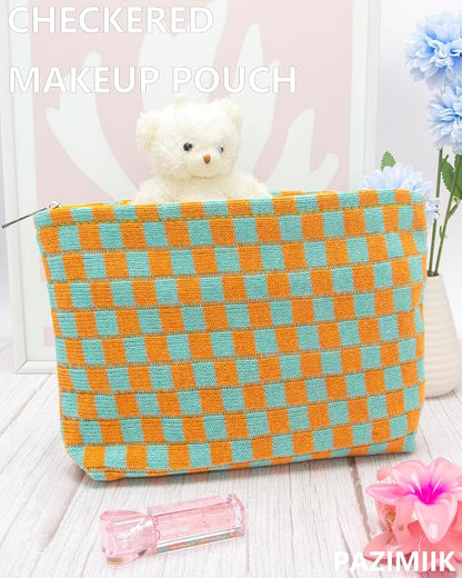 Checkered Makeup Bag for Purse, Small Flat Cosmetic Pouch,Orange Green | Cute Zipper Makeup Organizer for Women, Travel Essentials, Toiletries, Makeup Brushes, Beauty Accessories&Bridesmaid Gifts - Image 2