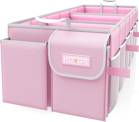 HOTOR Trunk Organizer - Foldable Car Organizer for SUVs & Sedans Storage | Sturdy Car Organization for Men & Women, Car Accessories, Tools, Sundries, Pink, 3 Compartments, 31.9" x 12.6" x 10.6" by HOTOR