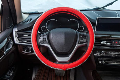 New Diamond Leather Steering Wheel Cover with Bling Crystal Rhinestones | Universal Fit 15 Inch Car Wheel Protector for Women Girls Red - Image 4