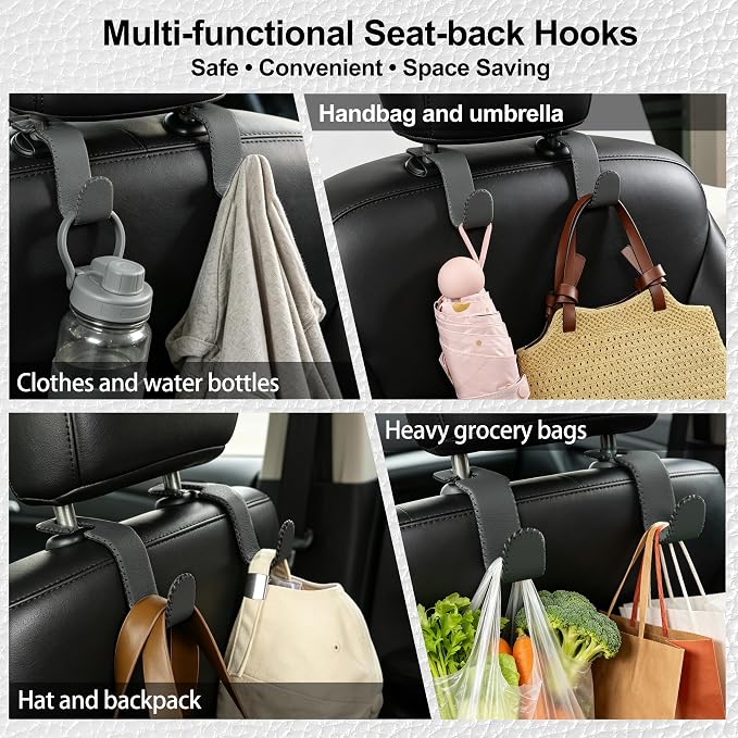 Car Seat Headrest Hook Heavy Duty 55lb Metal Hanger with Leather for Bags | Universal Vehicle Seat Back Organizer, Ergonomic Design, Hang Groceries Handbag Backpack Water Bottle, 4 Pack Gray - Image 4